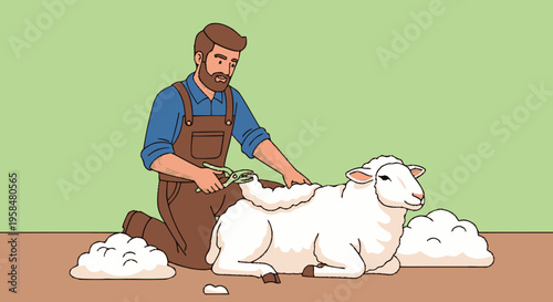 Farmer shearing a fluffy white sheep with clippers.