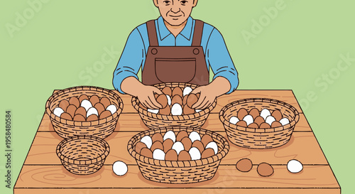 Farmer sorting fresh eggs into baskets on wooden table.