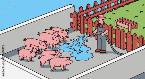 Farmer spraying water on a group of pigs.