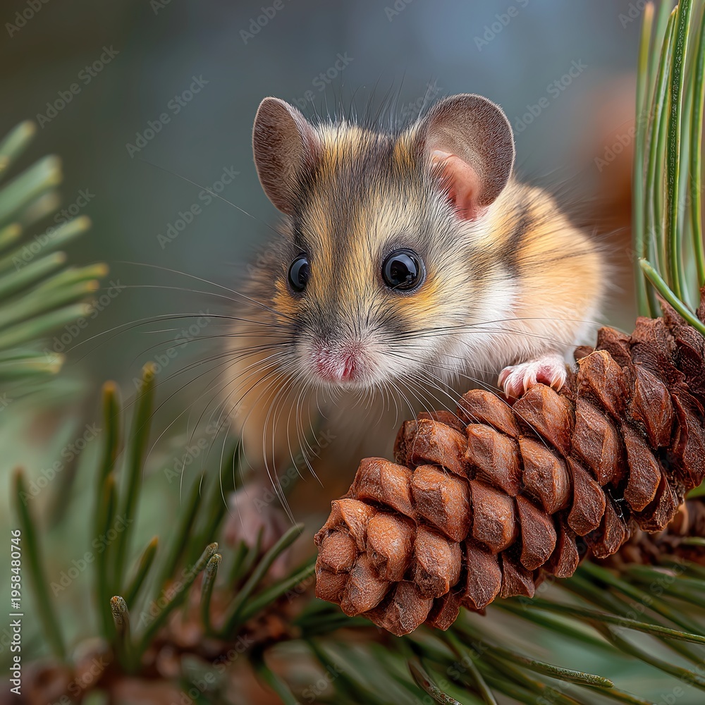 Fototapeta premium Adorable Mouse Among Pine Cones