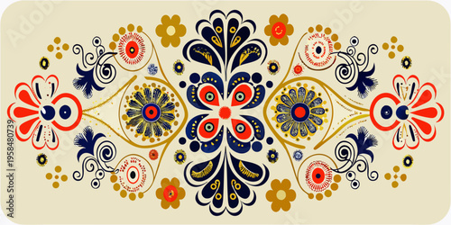 A colorful symmetrical floral pattern reminiscent of pysanka or folk art