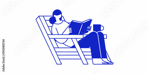 A woman relaxes reading a book on a lounge chair with a beverage