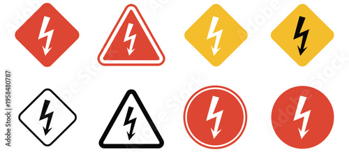 Power outage warning sign illustration with electricity and high voltage symbols, isolated hazard icons for road safety messages, utility service interruptions and public alert communication, modern 