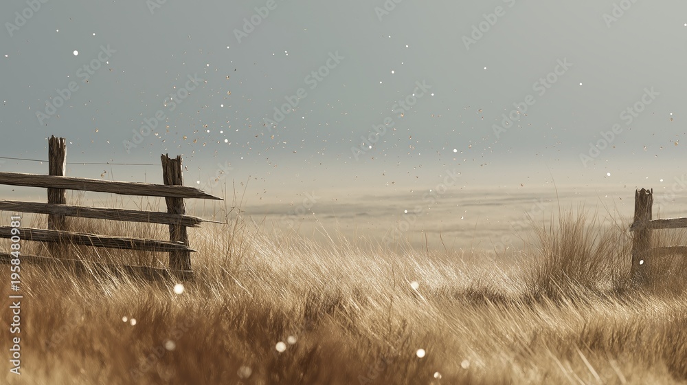 Obraz premium Serene Landscape with Golden Grass and Fencing