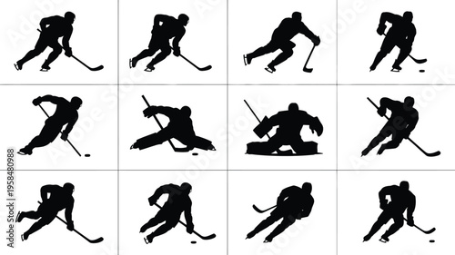Silhouettes of hockey players skating and performing dynamic moves with hockey sticks in a grid layout