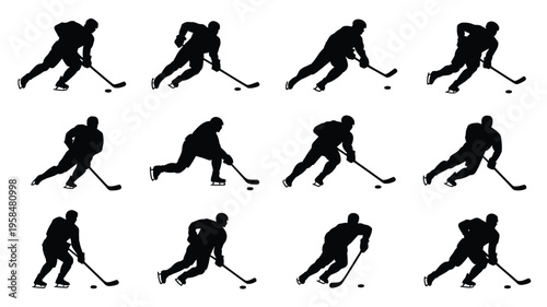 Dynamic hockey player silhouettes skating and shooting in action packed scenes isolated on a clean white background