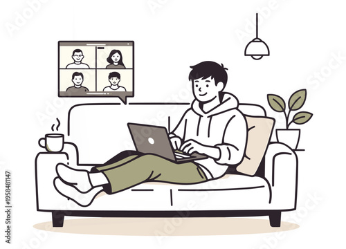 Man on Video Call Working on Laptop from Sofa Remote Work Line Art Vector Illustration