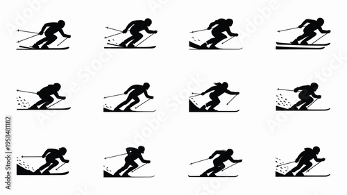 Dynamic skier in motion silhouette sequence capturing fluid skiing techniques across snowy slopes isolated on white background 12 frames
