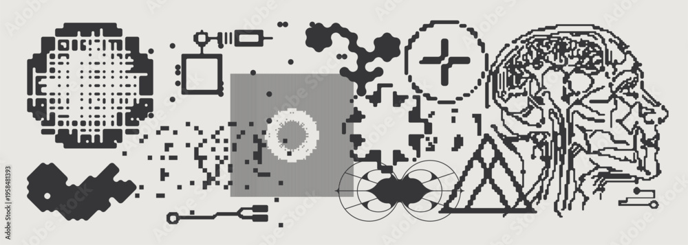 Obraz premium Abstract Vector Graphics Collection, Y2K Brutalist Style, Cyberpunk Glitch Elements, Pixelated Geometric Shapes.