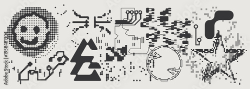 Abstract Vector Graphics Collection, Y2K Brutalist Style, Cyberpunk Glitch Elements, Pixelated Geometric Shapes.