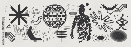 Abstract Vector Graphics Collection, Y2K Brutalist Style, Cyberpunk Glitch Elements, Pixelated Geometric Shapes.
