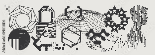 Abstract Vector Graphics Collection, Y2K Brutalist Style, Cyberpunk Glitch Elements, Pixelated Geometric Shapes.