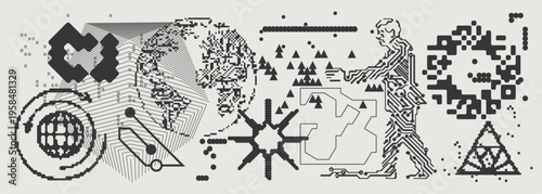 Abstract Vector Graphics Collection, Y2K Brutalist Style, Cyberpunk Glitch Elements, Pixelated Geometric Shapes.