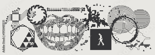 Abstract Vector Graphics Collection, Y2K Brutalist Style, Cyberpunk Glitch Elements, Pixelated Geometric Shapes.