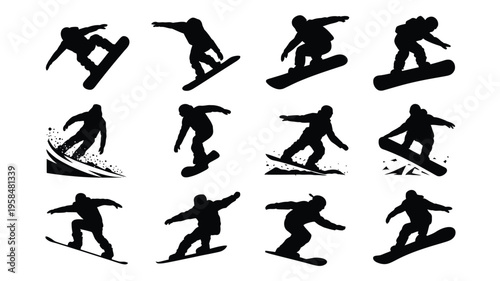 Dynamic silhouettes of snowboarders performing stunts jumps and tricks in mid air showcasing fluid motion and athleticism against a stark white background