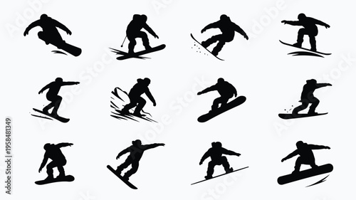 Dynamic silhouettes of snowboarders performing mid air tricks and jumps in a grid of action packed poses ideal for winter sports designs
