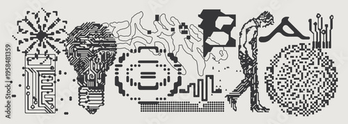 Abstract Vector Graphics Collection, Y2K Brutalist Style, Cyberpunk Glitch Elements, Pixelated Geometric Shapes.