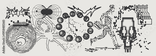 Abstract Vector Graphics Collection, Y2K Brutalist Style, Cyberpunk Glitch Elements, Pixelated Geometric Shapes.