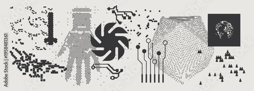 Abstract Vector Graphics Collection, Y2K Brutalist Style, Cyberpunk Glitch Elements, Pixelated Geometric Shapes.