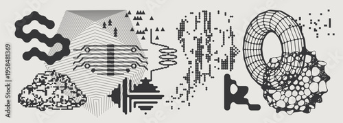Abstract Vector Graphics Collection, Y2K Brutalist Style, Cyberpunk Glitch Elements, Pixelated Geometric Shapes.