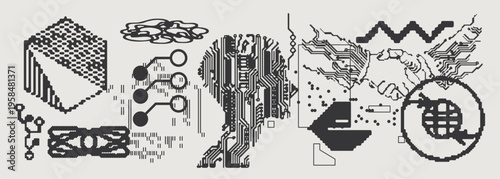 Abstract Vector Graphics Collection, Y2K Brutalist Style, Cyberpunk Glitch Elements, Pixelated Geometric Shapes.