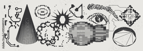 Abstract Vector Graphics Collection, Y2K Brutalist Style, Cyberpunk Glitch Elements, Pixelated Geometric Shapes.
