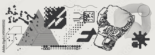 Abstract Vector Graphics Collection, Y2K Brutalist Style, Cyberpunk Glitch Elements, Pixelated Geometric Shapes.