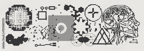 Abstract Vector Graphics Collection, Y2K Brutalist Style, Cyberpunk Glitch Elements, Pixelated Geometric Shapes.