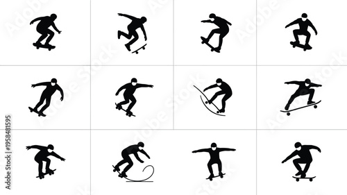 Dynamic silhouettes of skateboarders performing various tricks and stunts in mid air isolated on a clean white background with bold contrast