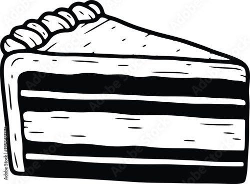 Hand-drawn illustration of a delicious layered dessert cake slice with frosting, perfect for any sweet treat concept