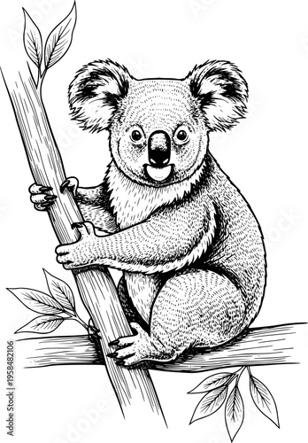 Cute Koala Sitting on Tree Branch Detailed Line Art Illustration in Vintage Engraving Style, Australian Wildlife Animal Concept for Nature and Education Design