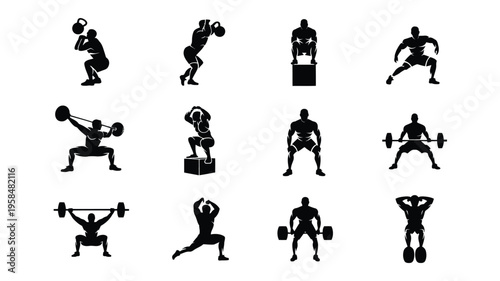 Silhouettes of athletes performing various strength training exercises including squats lunges and lifting weights in a gym setting