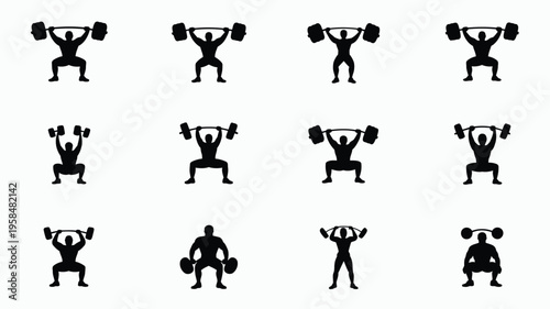 Black silhouettes of athletes performing weightlifting exercises in dynamic poses including squats and lifts isolated on white background fitness concept