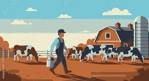 Farmer carrying milk pail walking past cows.