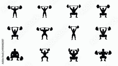 Silhouettes of athletes performing various weightlifting exercises with dumbbells and barbells in dynamic poses showcasing fitness and strength training concepts