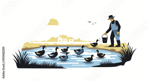 Farmer feeding ducks in a pond on a sunny day.