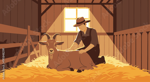 Farmer Gently Petting A Goat In A Barn.