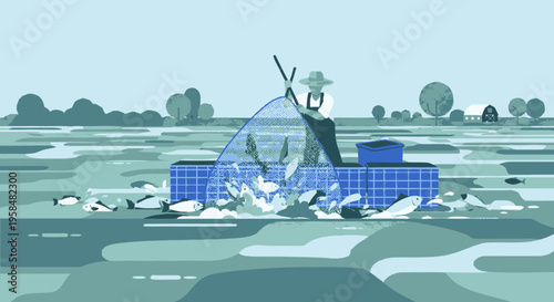 Fisherman with Net Full of Fish on Boat.