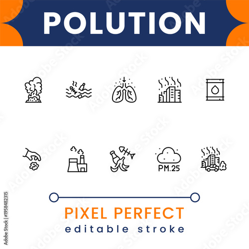 Environmental pollution icon pack featuring air pollution, waste management, climate change and eco protection symbols clean vector set
