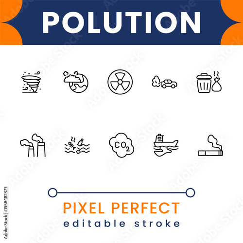 Environmental pollution icon pack featuring air pollution, waste management, climate change and eco protection symbols clean vector set