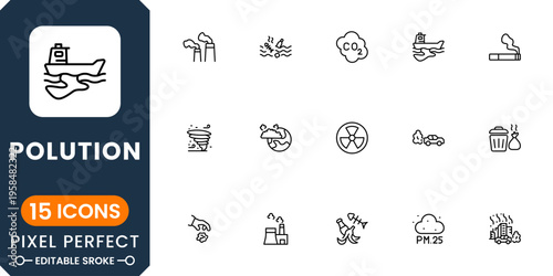 Pollution and environment icon collection with air contamination, waste, climate change and eco symbols modern minimal vector design
