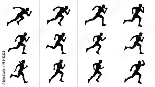Dynamic silhouettes of runners in motion capturing energy and movement in a grid layout isolated on a clean white background