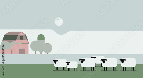 Flock of Sheep Grazing in a Field.