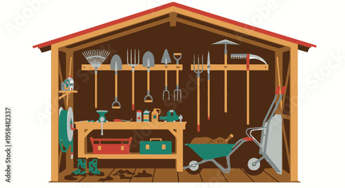 Garden Shed Interior Filled With Tools and Equipment.