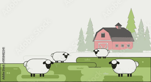 Four Fluffy Sheep Grazing in a Green Field.