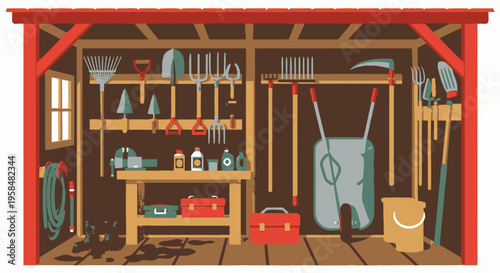 Garden Shed Interior Filled With Tools and Equipment.