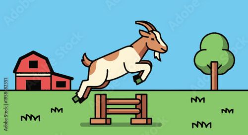 Goat Jumping Over Wooden Fence on Farm.