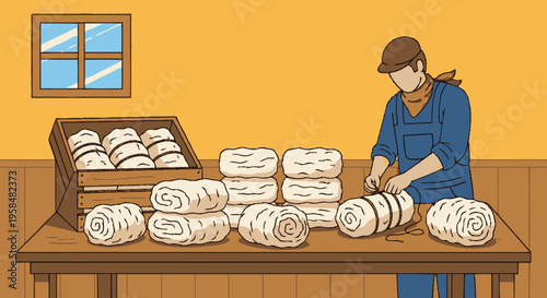 Man Bundling Hay Bales on a Wooden Table.