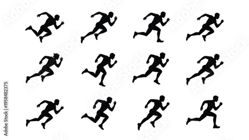 Silhouettes of athletes running in motion dynamic black figures in a grid pattern minimalist design for fitness and sports themes