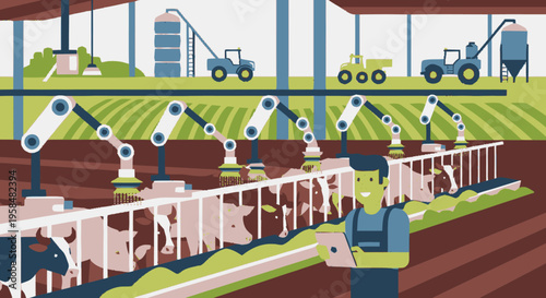 Modern Automated Dairy Farm with Robotic Milking Systems.